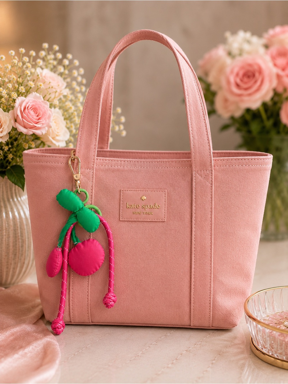 Soft Pink Playful Canvas Cherry Bag Charm - Picture 2 of 4